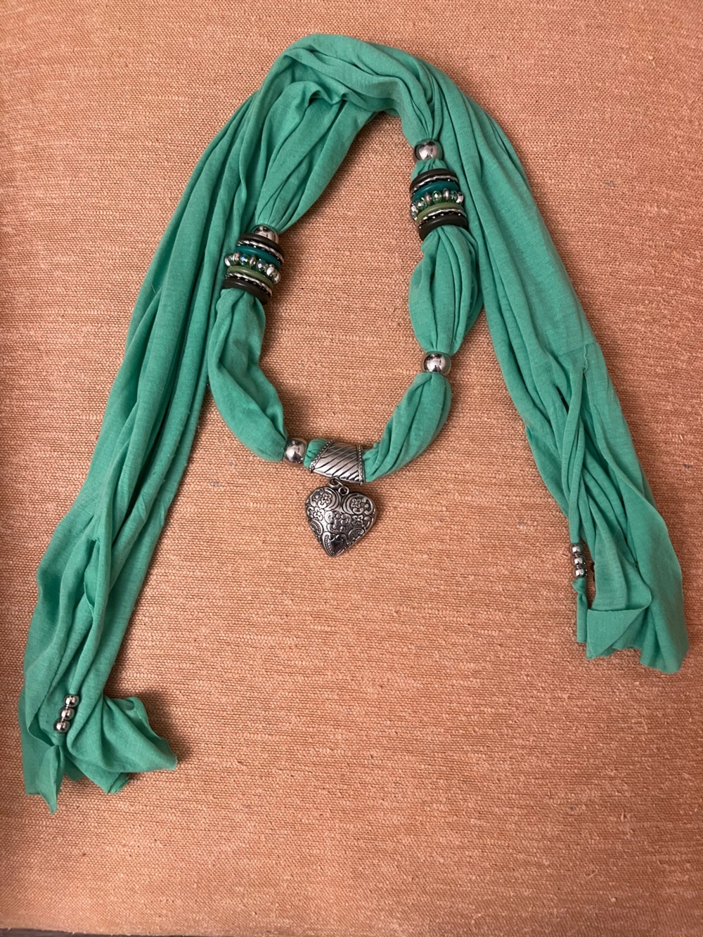 Green Scarf Necklace with Silver Heart Pendant